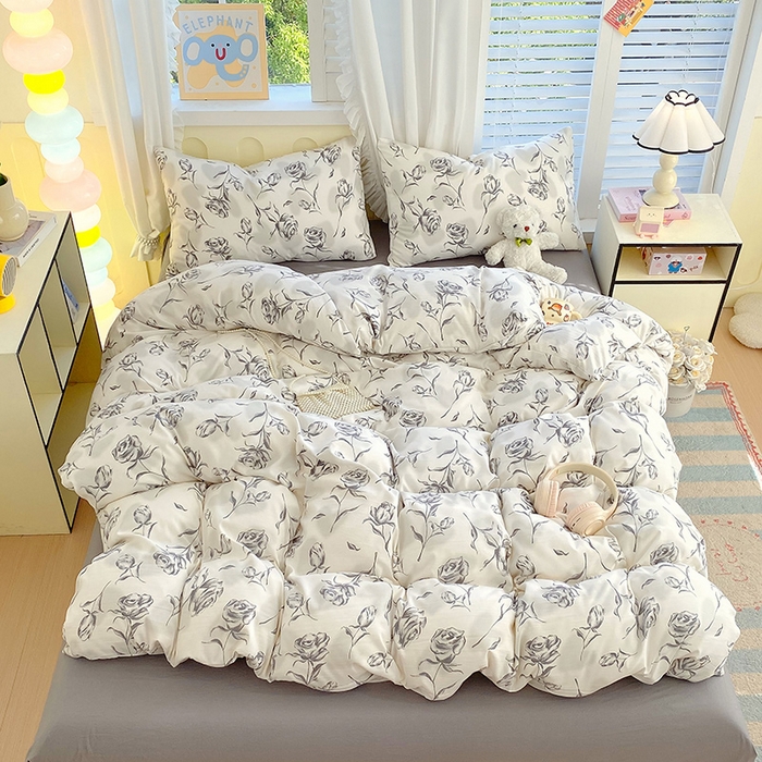 91家纺网 家纺一手货源 找家纺 雨彤家纺 2025年新款软糯糯云朵水洗棉印花四件套 水墨玫瑰