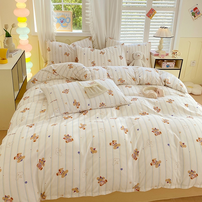 91家纺网 家纺一手货源 找家纺 雨彤家纺 2025年新款软糯糯云朵水洗棉印花四件套 心乐熊