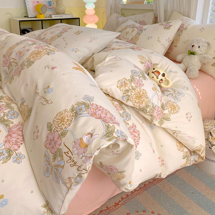 雨彤家纺 2025年新款软糯糯云朵水洗棉印花四件套 优乐花语