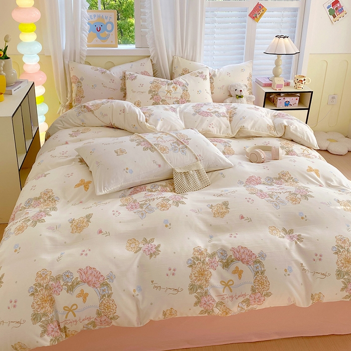 91家纺网 家纺一手货源 找家纺 雨彤家纺 2025年新款软糯糯云朵水洗棉印花四件套 优乐花语