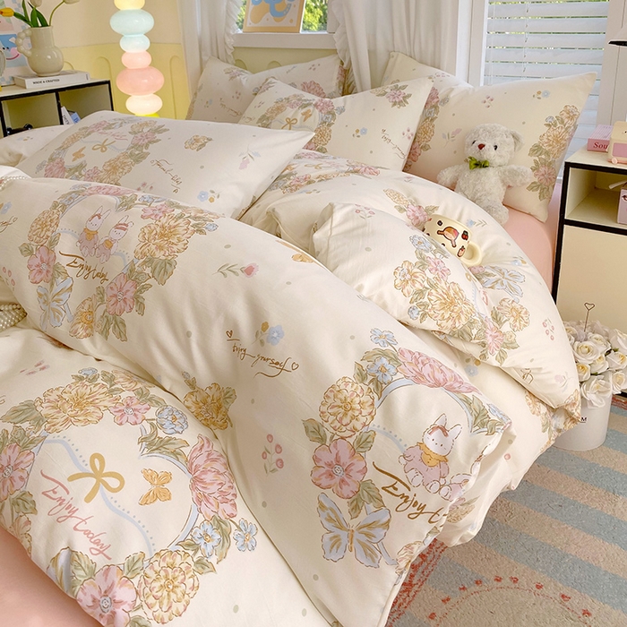 91家纺网 家纺一手货源 找家纺 雨彤家纺 2025年新款软糯糯云朵水洗棉印花四件套 优乐花语