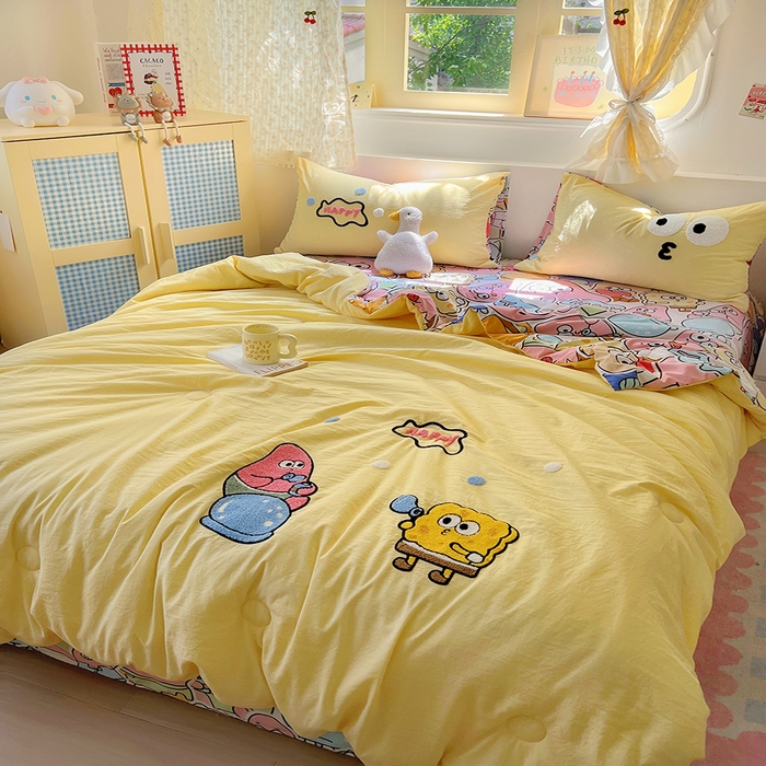 91家纺网 家纺一手货源 找家纺 易辰美 2025新款水洗棉毛巾绣夏被空调被夏凉被四件套 海宝宝