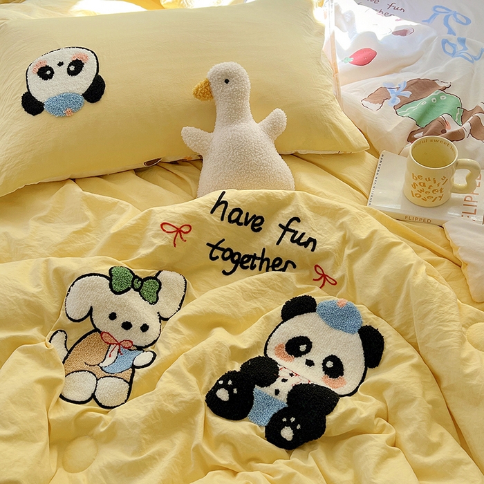 91家纺网 家纺一手货源 找家纺 易辰美 2025新款水洗棉毛巾绣夏被空调被夏凉被四件套 梦幻动物园