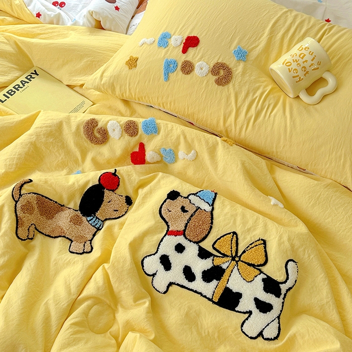 易辰美 2025新款水洗棉毛巾绣夏被空调被夏凉被四件套 斑点狗（黄）