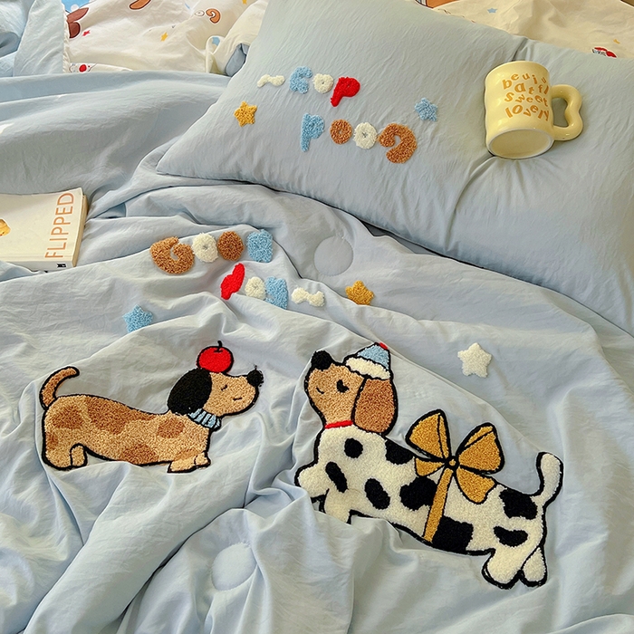 易辰美 2025新款水洗棉毛巾绣夏被空调被夏凉被四件套 斑点狗（兰）
