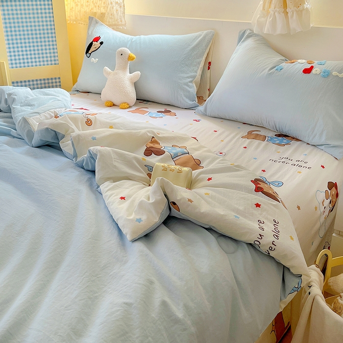 91家纺网 家纺一手货源 找家纺 易辰美 2025新款水洗棉毛巾绣夏被空调被夏凉被四件套 斑点狗（兰）