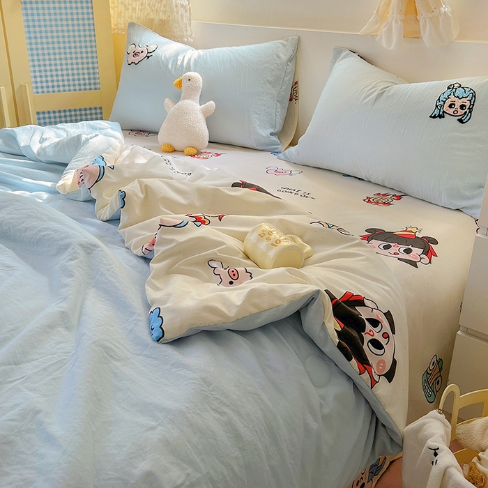91家纺网 家纺一手货源 找家纺 易辰美 2025新款水洗棉毛巾绣夏被空调被夏凉被四件套 哪吒敖冰（兰）