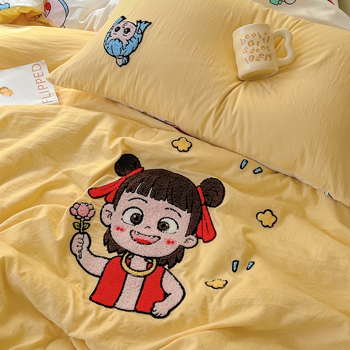 易辰美 2025新款水洗棉毛巾绣夏被空调被夏凉被四件套 小哪吒（黄）