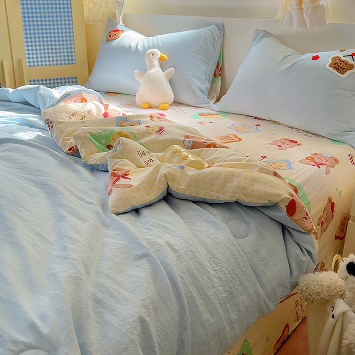 91家纺网 家纺一手货源 找家纺 易辰美 2025新款水洗棉毛巾绣夏被空调被夏凉被四件套 吐司熊
