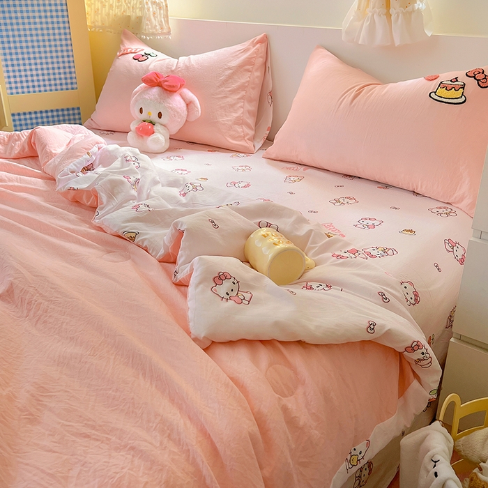 91家纺网 家纺一手货源 找家纺 易辰美 2025新款水洗棉毛巾绣夏被空调被夏凉被四件套 KT猫