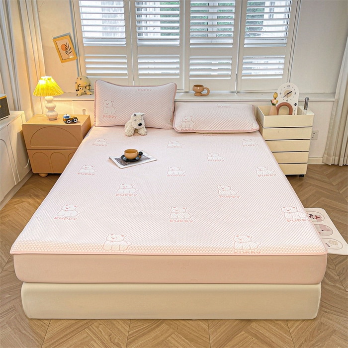 91家纺网 家纺一手货源 找家纺 喜居 2025新款A类凉感豆豆席床笠款 冰小汪-粉