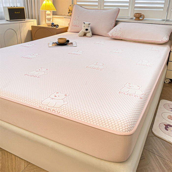 91家纺网 家纺一手货源 找家纺 喜居 2025新款A类凉感豆豆席床笠款 冰小汪-粉