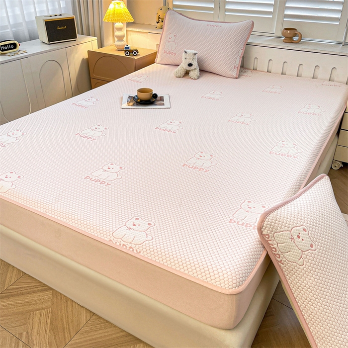 91家纺网 家纺一手货源 找家纺 喜居 2025新款A类凉感豆豆席床笠款 冰小汪-粉