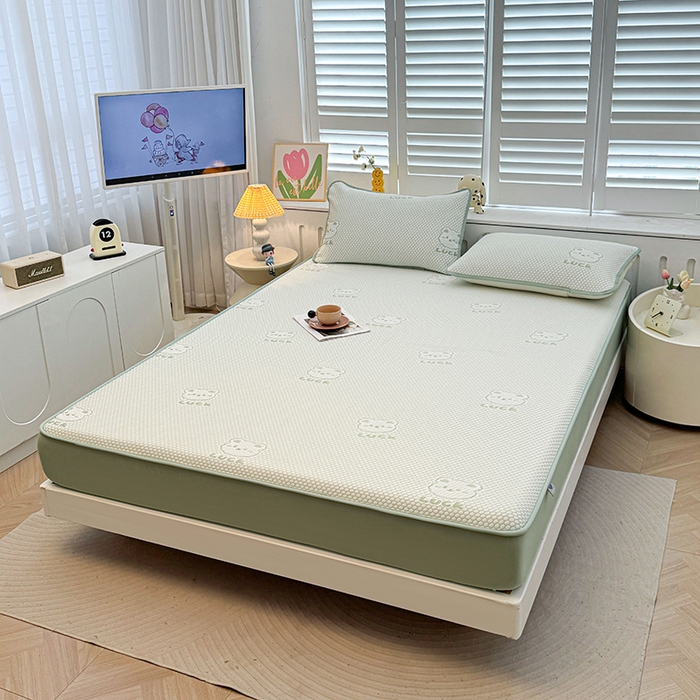 91家纺网 家纺一手货源 找家纺 喜居 2025新款A类凉感豆豆席床笠款 luck小冰熊-绿