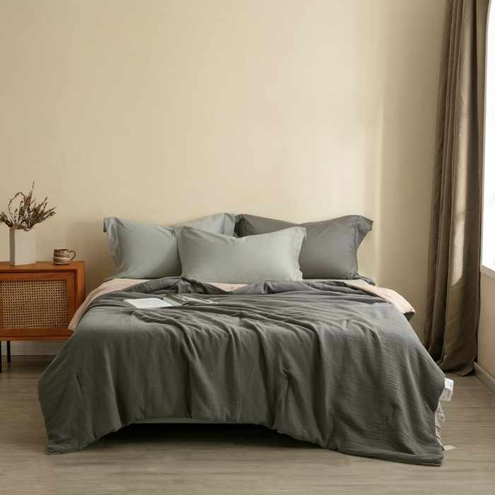 蚕阿婆 2025新款皱皱纱布蚕丝被100%蚕丝被子  灰+粉色