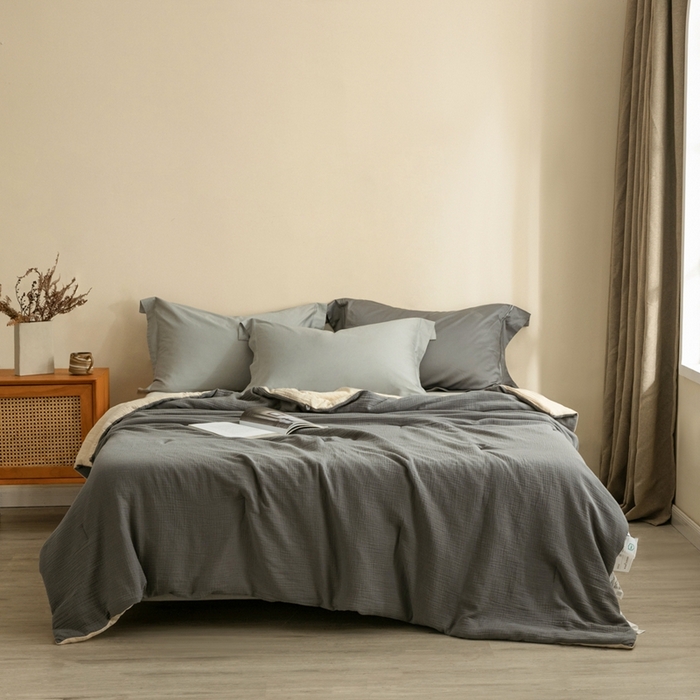 蚕阿婆 2025新款皱皱纱布蚕丝被100%蚕丝被子  灰+米色