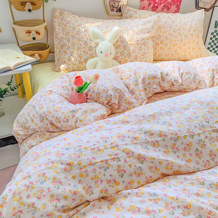 91家纺网 家纺一手货源 找家纺 森璐家纺 2025新款艾特你印花水洗棉床单床笠四件套 粉黄小玫瑰