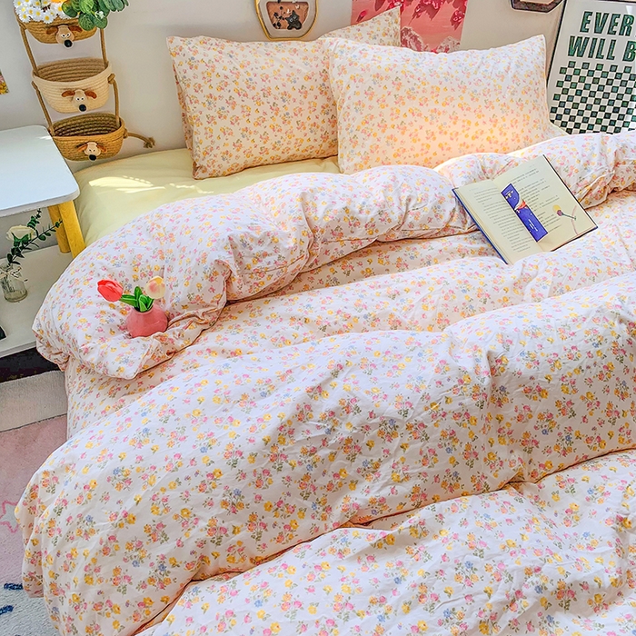 91家纺网 家纺一手货源 找家纺 森璐家纺 2025新款艾特你印花水洗棉床单床笠四件套 粉黄小玫瑰