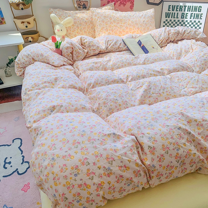 91家纺网 家纺一手货源 找家纺 森璐家纺 2025新款艾特你印花水洗棉床单床笠四件套 粉黄小玫瑰