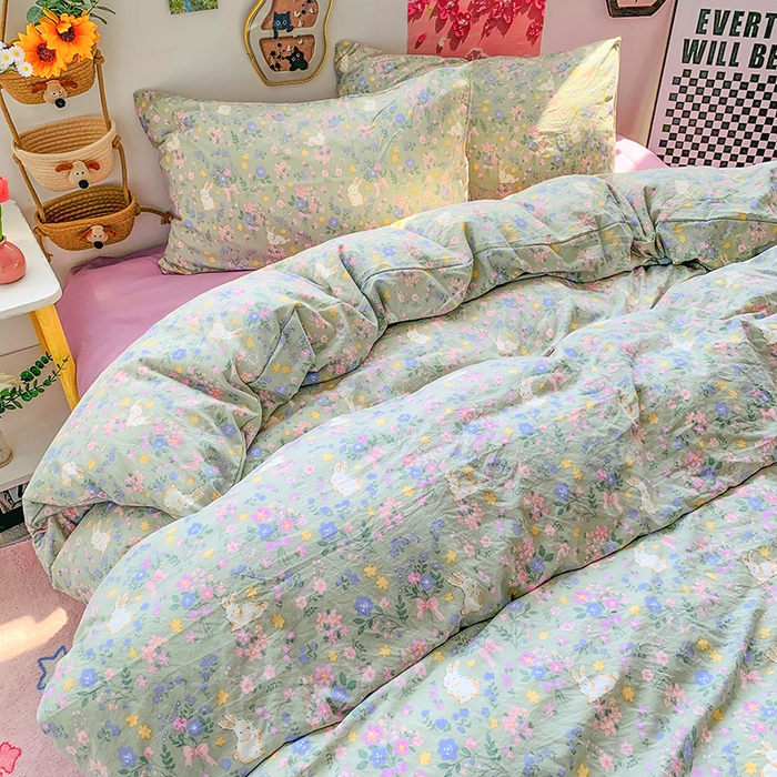 91家纺网 家纺一手货源 找家纺 森璐家纺 2025新款艾特你印花水洗棉床单床笠四件套 花丛间兔