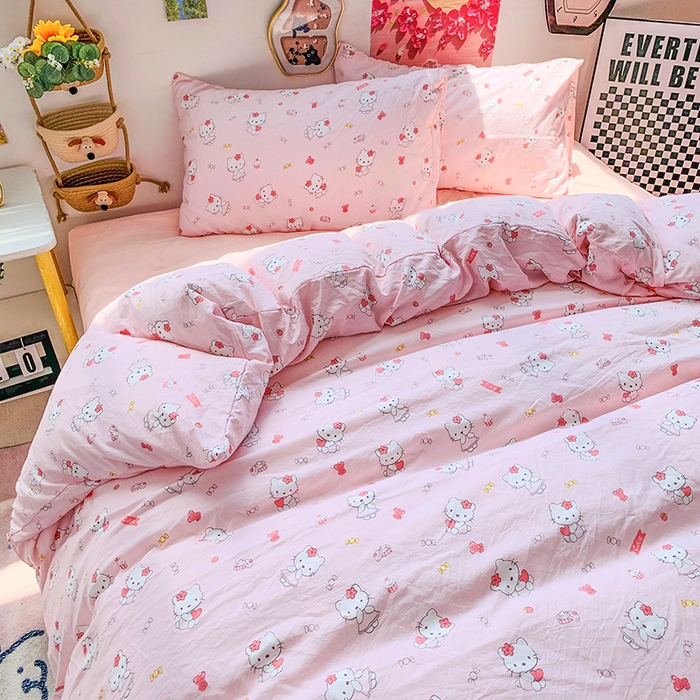 91家纺网 家纺一手货源 找家纺 森璐家纺 2025新款艾特你印花水洗棉床单床笠四件套 可爱小粉猫