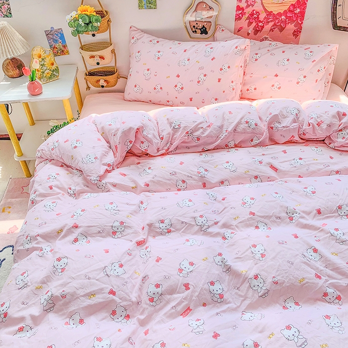 91家纺网 家纺一手货源 找家纺 森璐家纺 2025新款艾特你印花水洗棉床单床笠四件套 可爱小粉猫