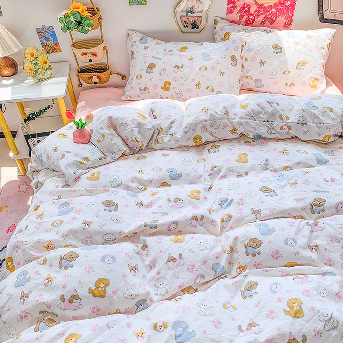 91家纺网 家纺一手货源 找家纺 森璐家纺 2025新款艾特你印花水洗棉床单床笠四件套 萌狗乐园