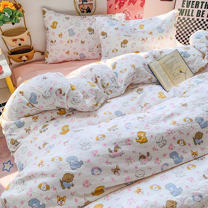 森璐家纺 2025新款艾特你印花水洗棉床单床笠四件套 萌狗乐园