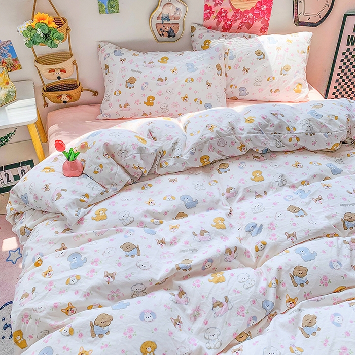 91家纺网 家纺一手货源 找家纺 森璐家纺 2025新款艾特你印花水洗棉床单床笠四件套 萌狗乐园