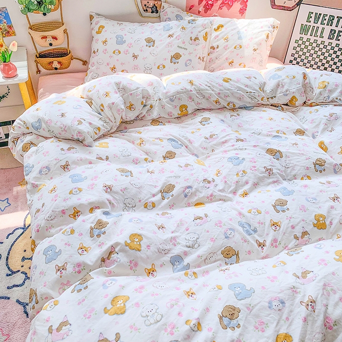 91家纺网 家纺一手货源 找家纺 森璐家纺 2025新款艾特你印花水洗棉床单床笠四件套 萌狗乐园