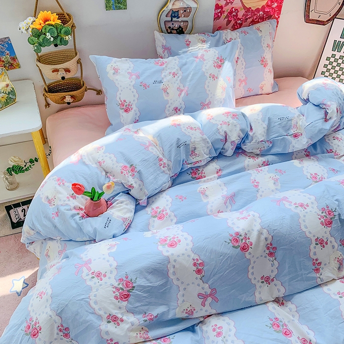 91家纺网 家纺一手货源 找家纺 森璐家纺 2025新款艾特你印花水洗棉床单床笠四件套 捧花小白兔