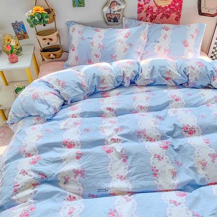 91家纺网 家纺一手货源 找家纺 森璐家纺 2025新款艾特你印花水洗棉床单床笠四件套 捧花小白兔