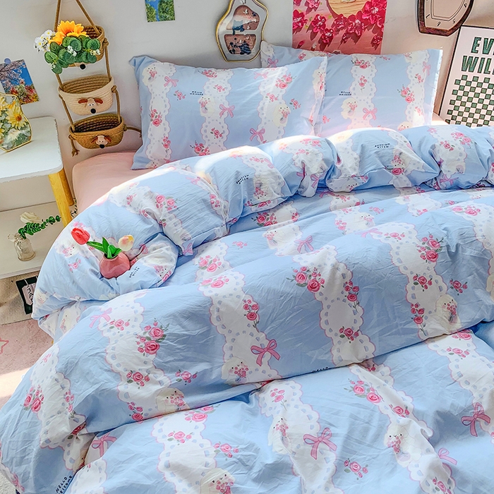 91家纺网 家纺一手货源 找家纺 森璐家纺 2025新款艾特你印花水洗棉床单床笠四件套 捧花小白兔