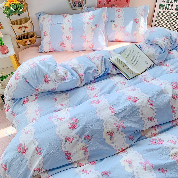 森璐家纺 2025新款艾特你印花水洗棉床单床笠四件套 捧花小白兔