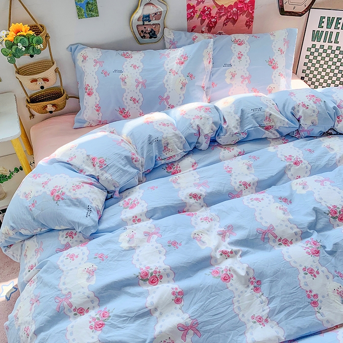 91家纺网 家纺一手货源 找家纺 森璐家纺 2025新款艾特你印花水洗棉床单床笠四件套 捧花小白兔