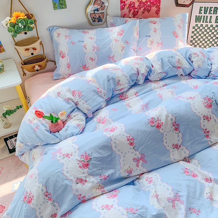 91家纺网 家纺一手货源 找家纺 森璐家纺 2025新款艾特你印花水洗棉床单床笠四件套 捧花小白兔