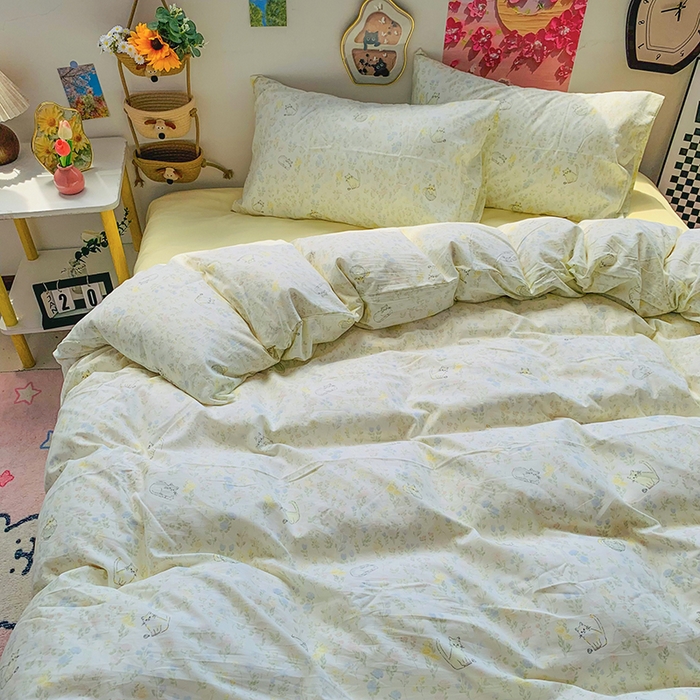 91家纺网 家纺一手货源 找家纺 森璐家纺 2025新款艾特你印花水洗棉床单床笠四件套 清新小猫咪