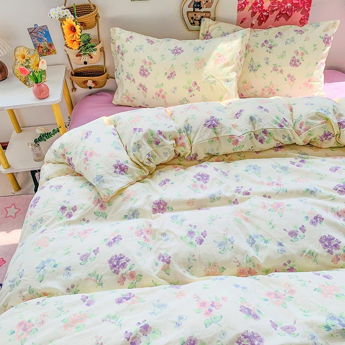 91家纺网 家纺一手货源 找家纺 森璐家纺 2025新款艾特你印花水洗棉床单床笠四件套 紫色烂漫