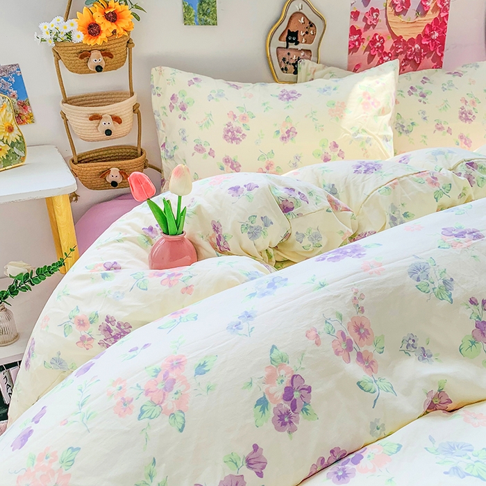 91家纺网 家纺一手货源 找家纺 森璐家纺 2025新款艾特你印花水洗棉床单床笠四件套 紫色烂漫