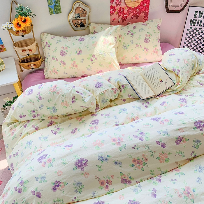 森璐家纺 2025新款艾特你印花水洗棉床单床笠四件套 紫色烂漫