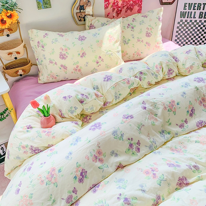 91家纺网 家纺一手货源 找家纺 森璐家纺 2025新款艾特你印花水洗棉床单床笠四件套 紫色烂漫