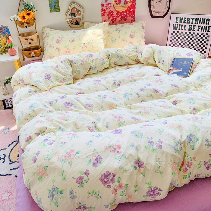 91家纺网 家纺一手货源 找家纺 森璐家纺 2025新款艾特你印花水洗棉床单床笠四件套 紫色烂漫