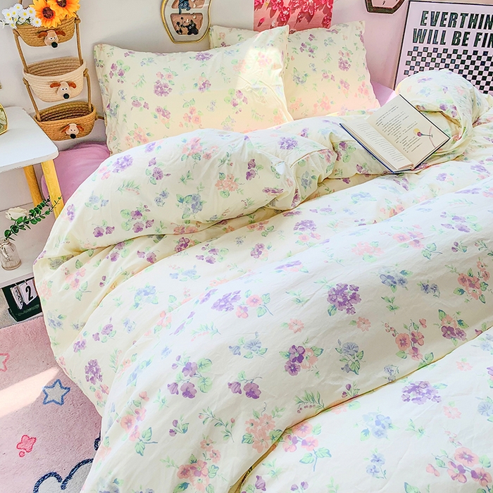 91家纺网 家纺一手货源 找家纺 森璐家纺 2025新款艾特你印花水洗棉床单床笠四件套 紫色烂漫