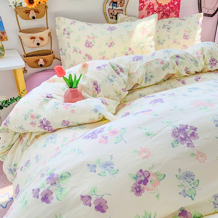 91家纺网 家纺一手货源 找家纺 森璐家纺 2025新款艾特你印花水洗棉床单床笠四件套 紫色烂漫