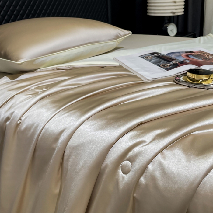 91家纺网 家纺一手货源 找家纺 金喜 2025春夏新款冰丝绸夏被7A抗菌冰肌夏被空调被锦纶氨纶夏凉被薄被子 香槟色