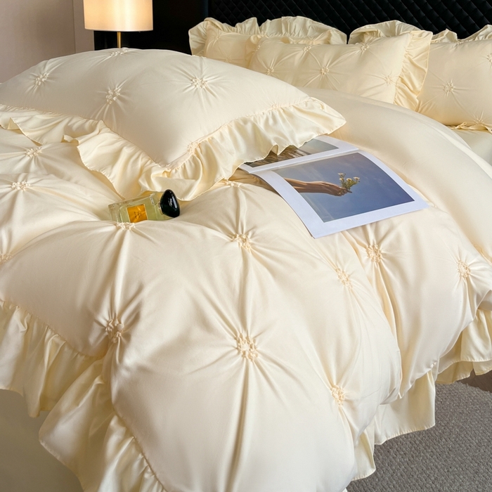 91家纺网 家纺一手货源 找家纺 千希家纺 2025新款扭花花边工艺四件套-唯美系列 买家秀加QQ群920079874或445224204或微信私信 唯美-米黄