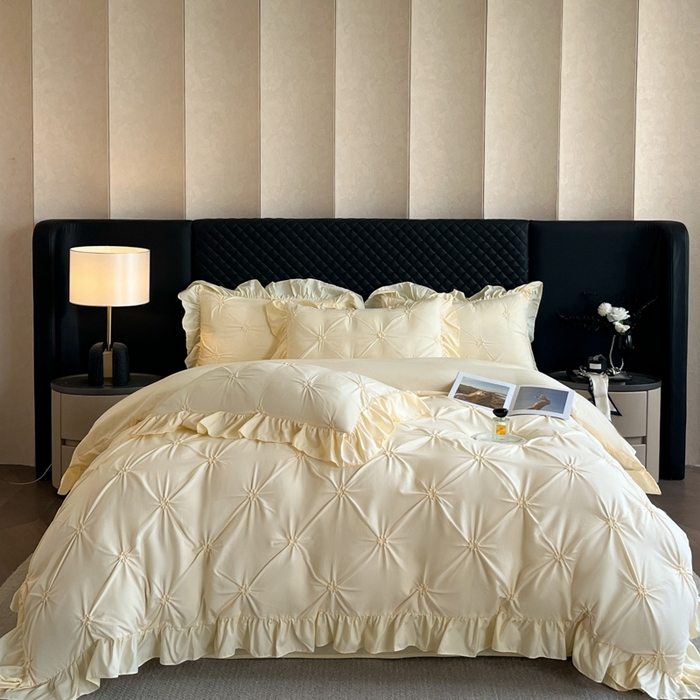 91家纺网 家纺一手货源 找家纺 千希家纺 2025新款扭花花边工艺四件套-唯美系列 买家秀加QQ群920079874或445224204或微信私信 唯美-米黄