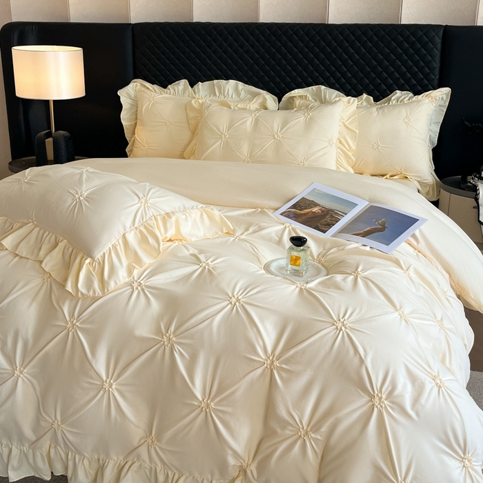 91家纺网 家纺一手货源 找家纺 千希家纺 2025新款扭花花边工艺四件套-唯美系列 买家秀加QQ群920079874或445224204或微信私信 唯美-米黄