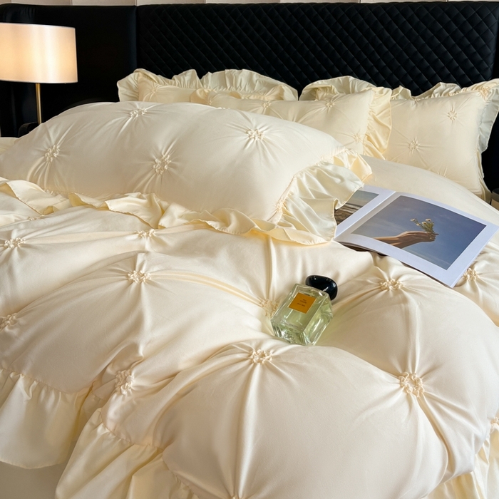 91家纺网 家纺一手货源 找家纺 千希家纺 2025新款扭花花边工艺四件套-唯美系列 买家秀加QQ群920079874或445224204或微信私信 唯美-米黄