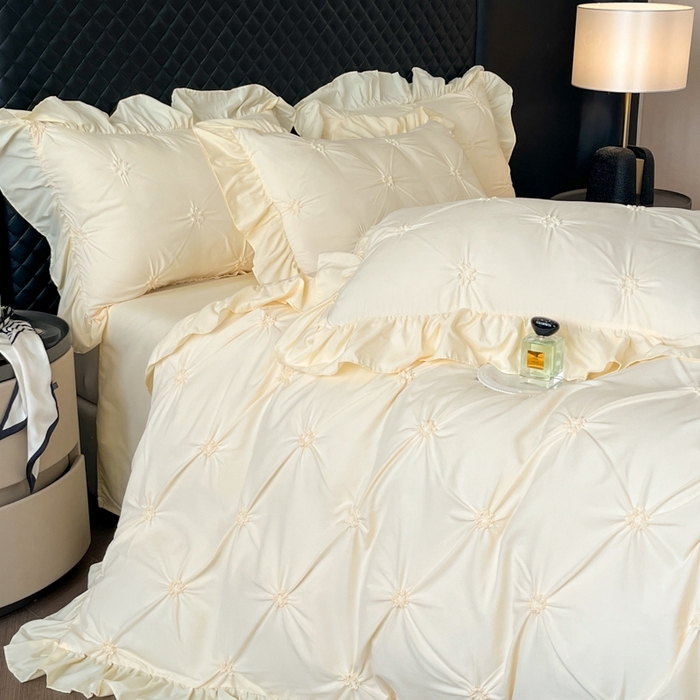 91家纺网 家纺一手货源 找家纺 千希家纺 2025新款扭花花边工艺四件套-唯美系列 买家秀加QQ群920079874或445224204或微信私信 唯美-米黄